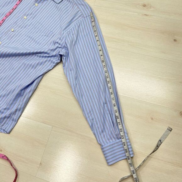 Peter Millar Nanoluxe Button Down Shirt Men 17.5 Long Blue Striped Easycare - Picture 12 of 12